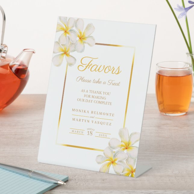 White golden frangipani tropical wedding favours  pedestal sign (In SItu)