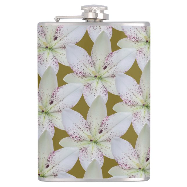 White Golden-rayed lily  Flower ,Personalised Name Hip Flask (Front)