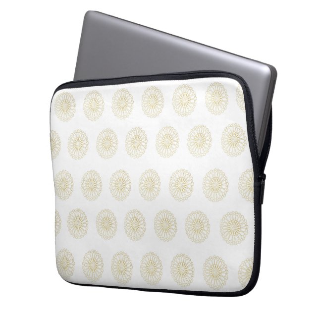 White | Golden Zinnia Flower Medallions Laptop Sleeve (Front Left)