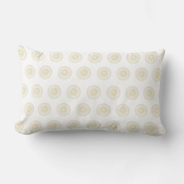 White | Golden Zinnia Flower Medallions Lumbar Cushion (Front)