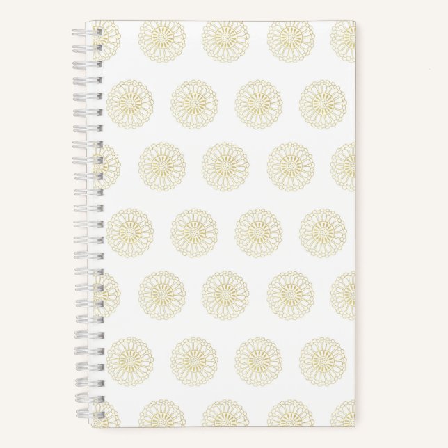White | Golden Zinnia Flower Medallions Notebook (Front)