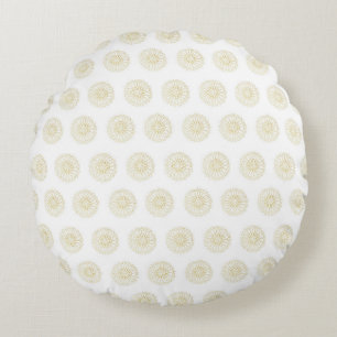 White Golden Zinnia Flower Medallions Round Cushion