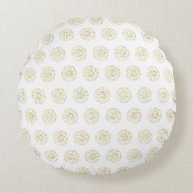 White | Golden Zinnia Flower Medallions Round Cushion (Front)