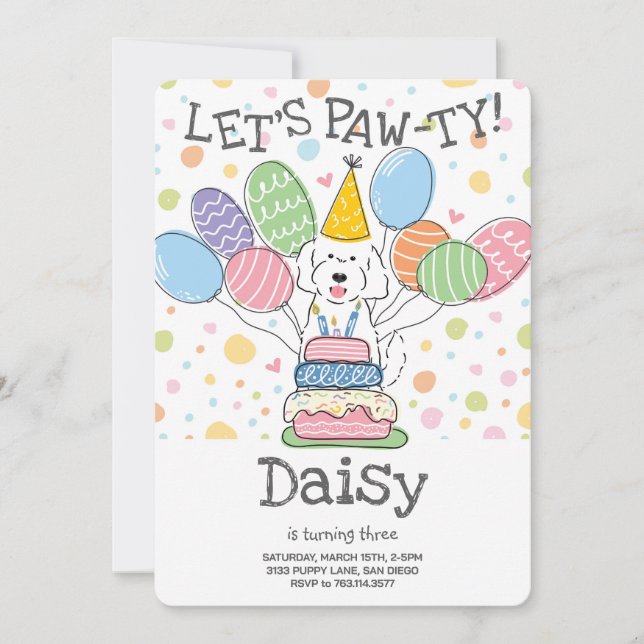 White Goldendoodle Dog Birthday Party Invitation (Front)