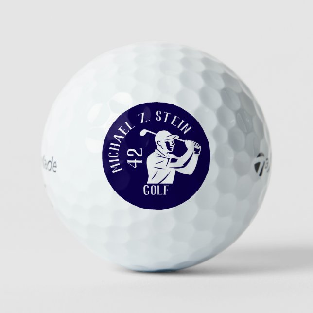 White Golf Ball with Golfer Man on Blue  (Front)