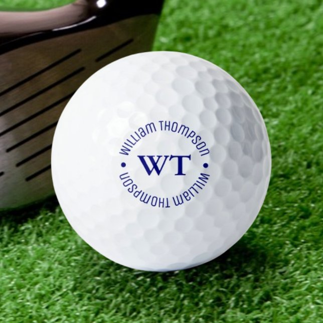 White Golf Ball with Name (blue initials monogram) (Creator Uploaded)