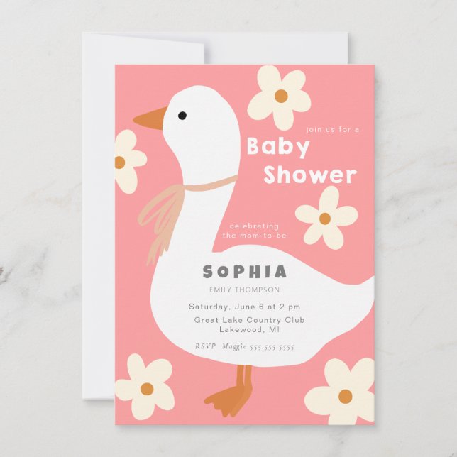 White Goose and Daisies Baby Shower Invitation (Front)