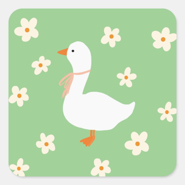 White Goose and Daisies Square Sticker (Front)
