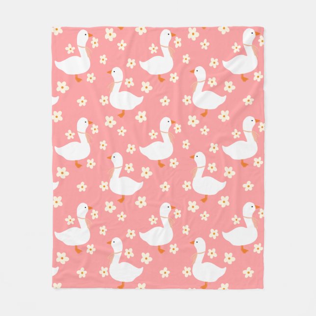 White Goose and Daisies Thank You Pink Fleece Blanket (Front)