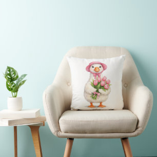 White Goose Holding Pink Tulip Bouquet Cushion