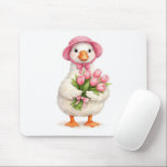 White Goose Holding Pink Tulip Bouquet Mouse Pad<br><div class="desc">A charming white goose wearing a pink bonnet and holding a bouquet of pink tulips tied with a pink bow, all beautifully designed in a watercolor effect on a white background</div>