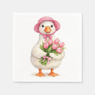 White Goose Holding Pink Tulip Bouquet Napkin