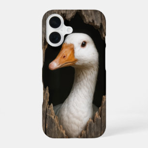 White Goose Peeking From Jagged Wood Hole iPhone 16 Case