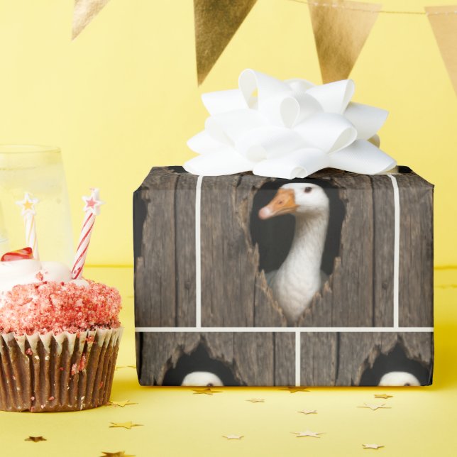 White Goose Peeking From Jagged Wood Hole Wrapping Paper (Birthday Party)