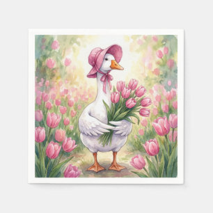 White Goose With Pink Tulips Napkin