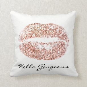 White Gorgeous Sparkly Pink Kiss Lips Glitter Cushion