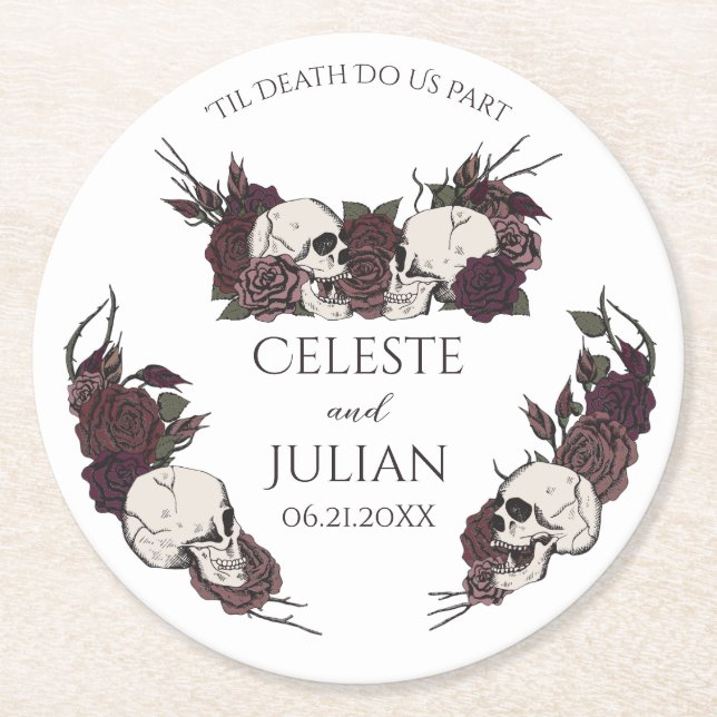White Gothic Floral Til Death Wedding Round Paper Coaster (Front)