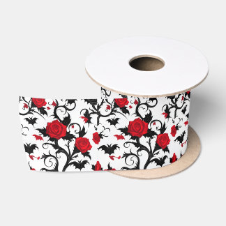 White Gothic Ribbon with Red Roses & Bats Satin Ribbon