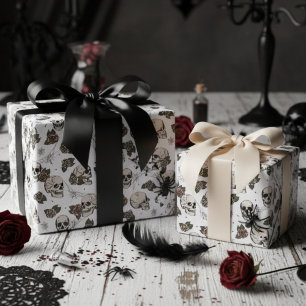 White Gothic Skulls and Roses Floral Wrapping Paper