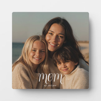 White Graceful Script Established Mom Photo Plaque
