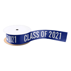 White Graduate Class Of 2021 Typography Navy Blue Satin Ribbon