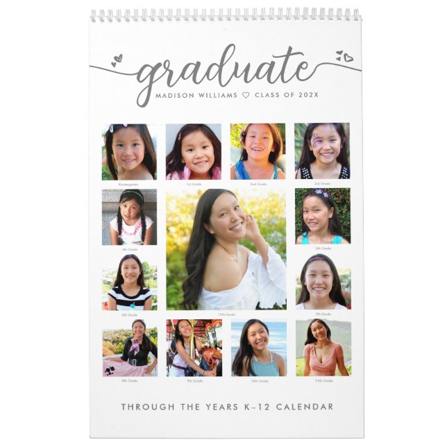 White Graduate K–12 Script Photo Collage 15 Month Calendar (Cover)