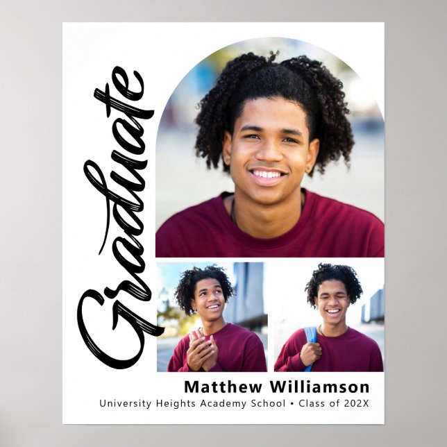 White Graduation 3 Photo Bold Arch Black Script Poster (Front)
