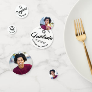 White Graduation 3 Photo Bold Black Script Cap Confetti