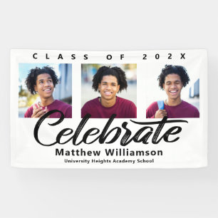White Graduation 3 Photo Bold Black Script Minimal Banner