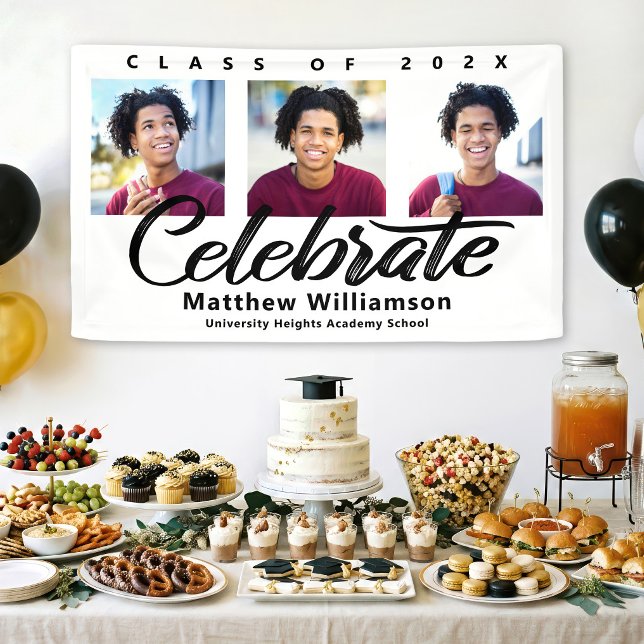 White Graduation 3 Photo Bold Black Script Minimal Banner (Creator Uploaded)