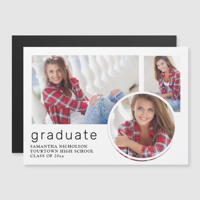 White Graduation 3 Photo Collage Announcement (Front/Back)