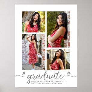 White Graduation 4 Photo Grey Script Hearts Girly Poster
