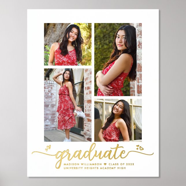 White Graduation 4 Photo Script Hearts Real Gold Foil Prints (Front)
