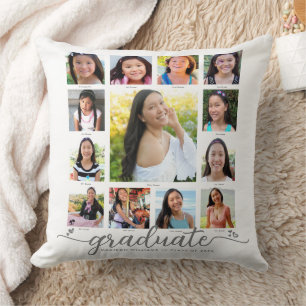 White Graduation K–12 Modern Script Photo Collage  Cushion