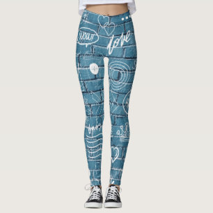 White graffiti on blue wall modern text art leggings