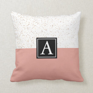 White Granite Stone Pink Minimalist Monogrammed  Cushion