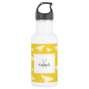 White Graphic Butterflies on Bright Yellow 532 Ml Water Bottle