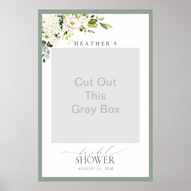 White Gray Green Floral Bridal Shower Photo Booth Poster (Front)