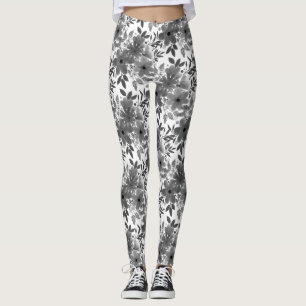 White & Gray Monochromatic Floral Pattern Leggings