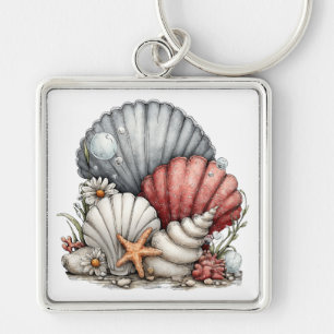 WHITE GRAY RED TROPICAL SEASHELLS & FLOWERS KEY RING