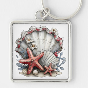 WHITE GRAY RED TROPICAL SEASHELLS & FLOWERS KEY RING