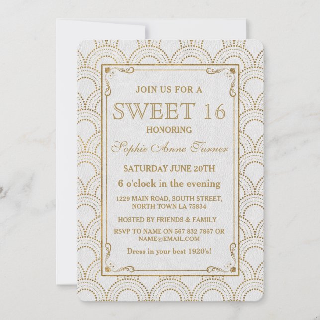 White Great Gatsby Art Deco Gold Sweet 16 Invite (Front)
