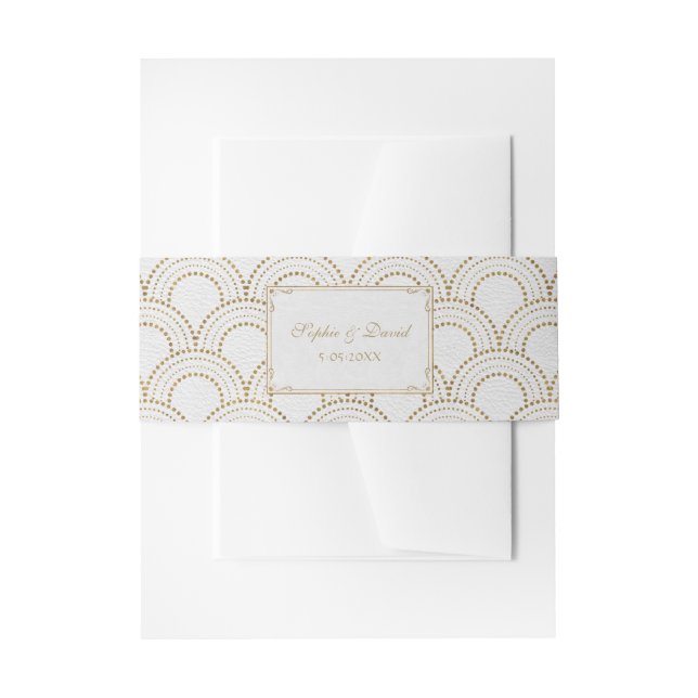 White Great Gatsby Art Deco Gold Wedding Invitation Belly Band (Front Example)