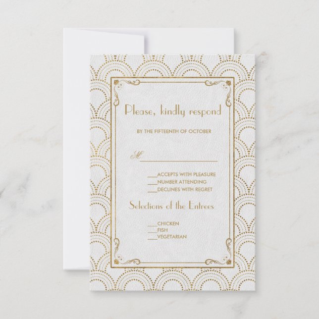 White Great Gatsby Art Deco Gold Wedding RSVP (Front)