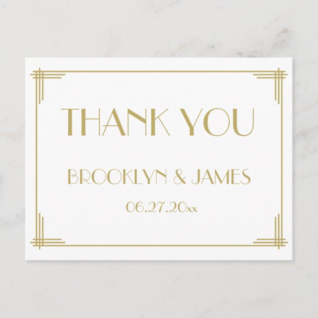 White Great Gatsby Art Deco Wedding Thank You Postcard (Front)