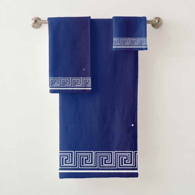 White Grecian Frieze Design Navy Blue Bath Towel Set (Insitu)