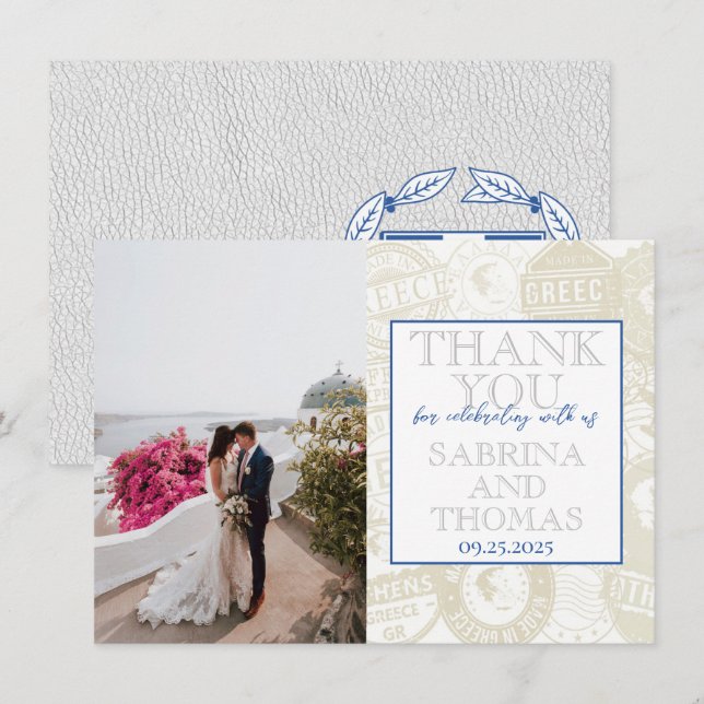 White Greece Wedding Photo Thank You Card (Front/Back)