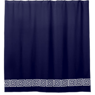 White Greek Key Border on Custom Colour Navy Blue Shower Curtain