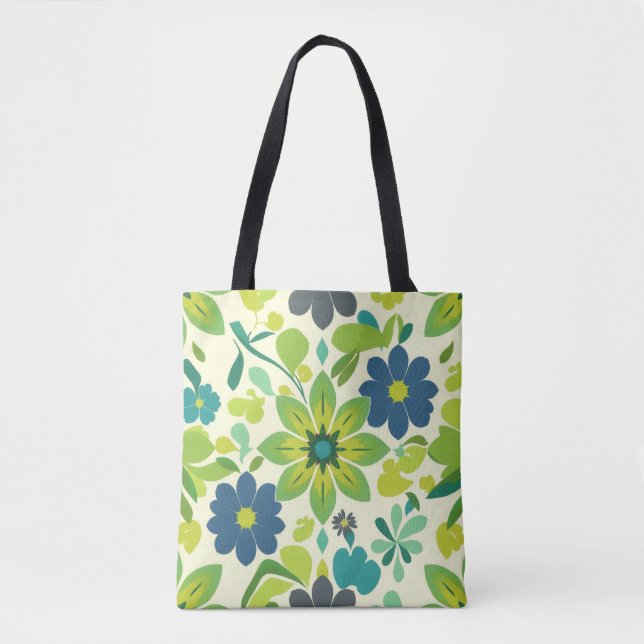 White Green and Blue Floral Tote Bag (Front)