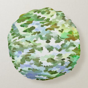 White, Green and Powder Blue Camouflage Pattern Round Cushion